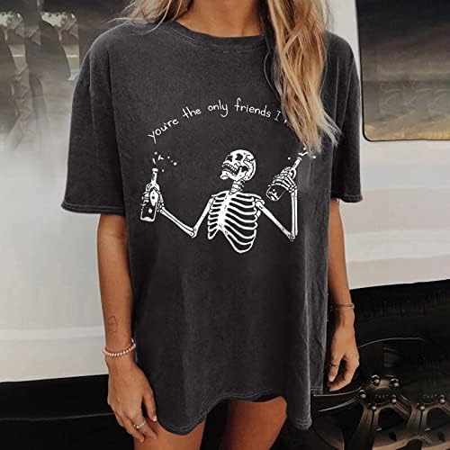 Yaz Y2k Kadınlar için Tops, Rahat Bağbozumu Kafatası Kısa Kollu T-Shirt, Boy Gevşek Fit Crewneck Siyah Tees