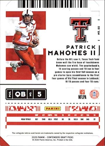 2020 Yarışmacılar Taslak (NCAA) Futbol Sezon Bileti 80 Patrick Mahomes II Texas Tech Red Raiders Resmi Panini Amerika Ticaret