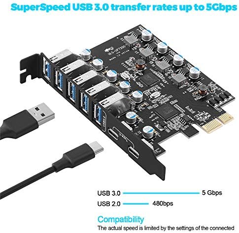 PCI-E'den USB 3.0'a 7 Bağlantı Noktalı(2X USB-C - 5X USB-A ) Genişletme Kartı, PCI Express USB Eklenti Kartı, Masaüstü PC Ana