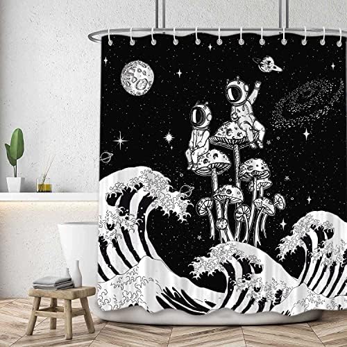 Komik Siyah ve Beyaz Dalga Duş Perdesi Banyo için, Serin Mantar Astronot Uzay Sanat Kumaş Duş Perdeleri Set, benzersiz Japon