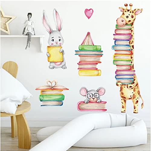 Ojshynne Vinil Ev Dekor Zürafa Tavşan ıle Kitap duvar çıkartmaları Kreş Dekor Çocuk Okuma Odası Dekorasyon Öğrenci Kütüphane