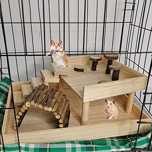 Hamiledyi Ahşap Cüce Hamster Doğal Yaşam Tırmanma Sistemi, Gerbil Oyun Alanı Aktivite Seti Platform Oyuncak Merdiven Köprüsü