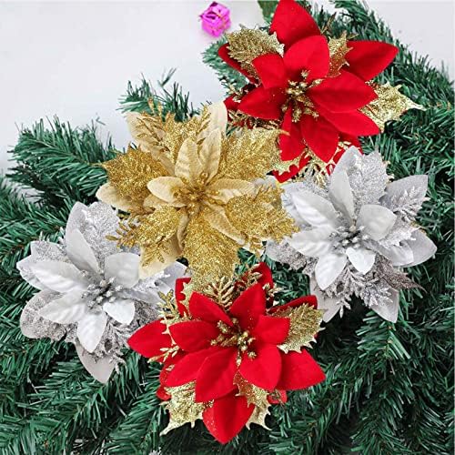 Noel Glitter Poinsettia, 12 Pcs Yapay Noel Ağacı Çiçekler Noel Süsler için Altın Poinsettia Noel Ağacı Süsler için Yeni Yıl Süsler,