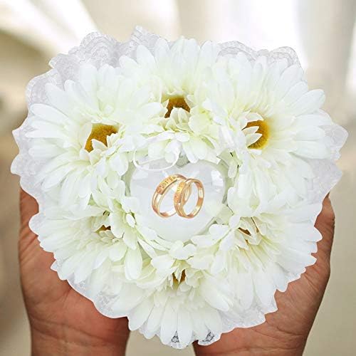 Düğün Takı Çantası, Avrupa Alyans Taşıyıcı, Takı Çantası için Beyaz Kalp Şeklinde Yastık Düğün Malzemeleri, Gül Flora Dekorasyon