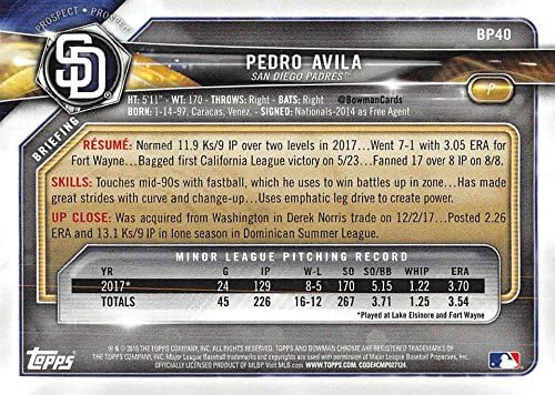2018 Bowman Umutları BP40 Pedro Avila Padres MLB Beyzbol Kartı NM-MT