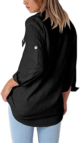GRAPENT Womens Casual Gevşek Roll-up Kollu Bluz Cepler Düğme Aşağı Gömlek Tops