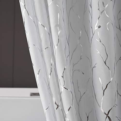 Şube Duş Perdesi Seti - Metalik Gümüş Ağaç Dalı Beyaz Kumaş Üzerine Basılmıştır Grommet Duş Perdesi Banyo için 72 İnç Uzunluk