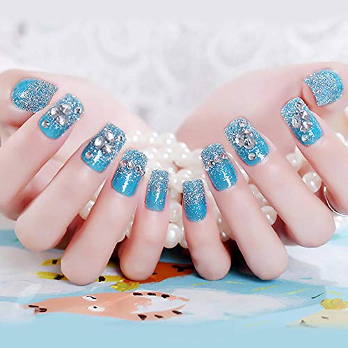 BAOJIAN Bayanlar Tam Kapak Nail Art İpuçları & Kız Parlak Rhinestone Glitter Sahte Tırnak DIY Moda Mavi Sahte Tırnak 24 adet