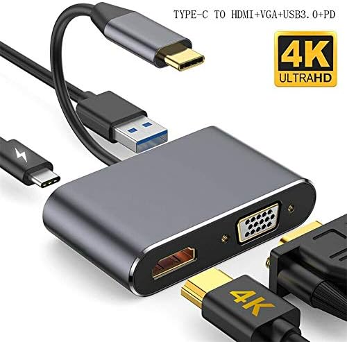 USB C için 4 K HDMI VGA Adaptörü, 4 in 1 USB-C (Thunderbolt 3 Uyumlu) HDMI, 1080 P VGA, USB Tip C 87 W PD Şarj Multiport Adaptörü