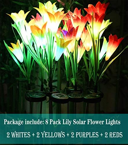 Güneş çiçek ışıkları, BOOTOP 8 paketi ile güneş bahçe ışıkları 32 büyük zambak çiçekler, açık güneş çiçekler, güneş zambak çiçek