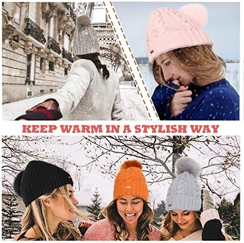TEFITI Pom Pom Bere Kış Şapka Kadınlar için-Faux Kürk Ponpon Sıcak Tıknaz Yumuşak Kablo Örgü Şapka-Soğuk Hava Örme Kap