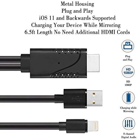 Apple MFi Sertifikalı Yıldırım HDMI Adaptör Kablosu, iPad iPhone ile Uyumlu HDMI Kablosu, 6.6 ft 1080P Dijital AV Adaptörü HDTV