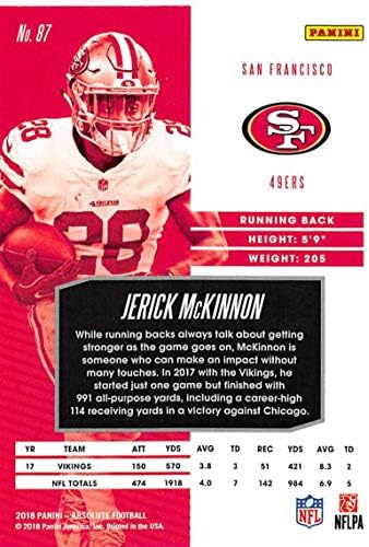 2018 Mutlak Futbol 87 Jerick McKinnon San Francisco 49ers Panini tarafından yapılan Resmi NFL Ticaret Kartı
