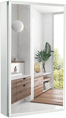 Aynalı MOVO Ecza Dolabı, Tek Kapılı 15 inç X 26 İnç Alüminyum Banyo Aynası Dolabı, Ayarlanabilir Cam Raflar, Girinti veya Yüzeye
