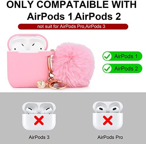 Kadınlar için Pembe Kılıf AirPods için Tasarlanmış Sevimli Kılıf Pom pom ile Kapak, AirPods 1/2 ile uyumlu Silikon Koruyucu Anahtarlık
