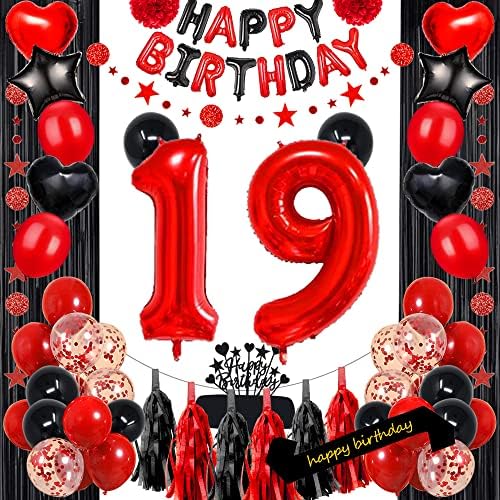 Fantezi Kırmızı 19TH Doğum Günü Partisi Süslemeleri Malzemeleri Kırmızı Siyah Daha Sonra Balonlar Mutlu Doğum Günü Pastası Topper