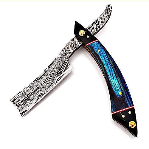 El Yapımı Şam Çelik Düz Jilet Katlanır Jilet Tıraş Hazır Klasik Berber Bıçak Kenarı, Erkekler Düz Jilet, Deri Kılıf + Strop,