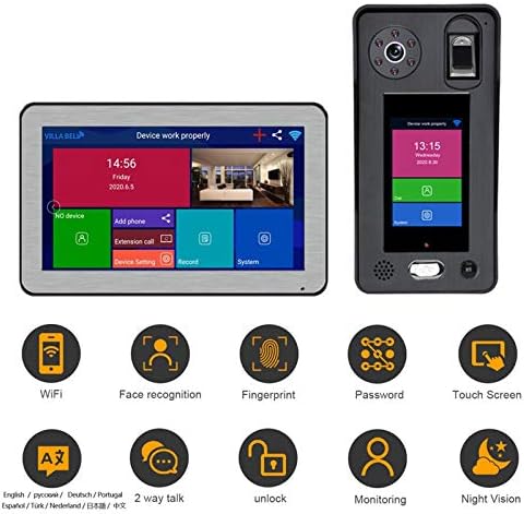 Kablosuz Wifi Görüntülü Kapı Telefonu, 10 inç Video Kapı Zili, İnterkom, 1080 P Gece Görüş Kamera + 2 Monitörler, parmak İzi
