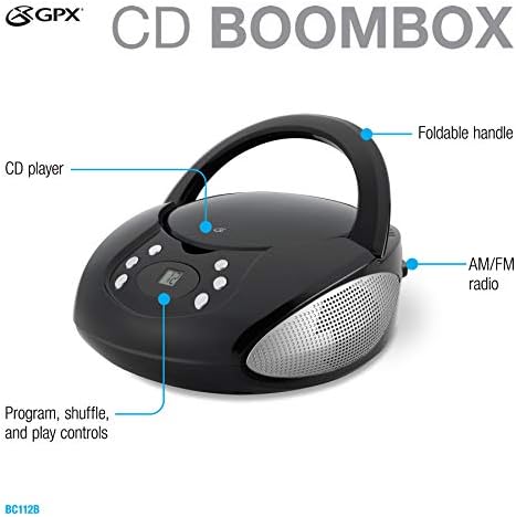 GPX, Inc. MP3 Cihazı için AM/FM Radyo ve 3,5 mm Hatlı Taşınabilir Üstten Yüklemeli CD Boombox-Siyah, Tekli
