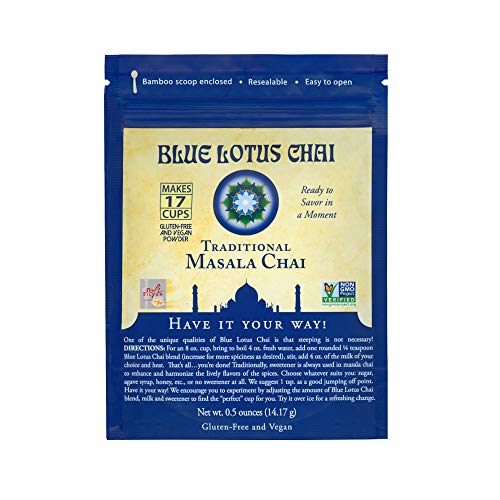 Mavi Lotus Chai-Geleneksel Masala Chai - 17 Bardak Yapar-Organik Baharatlarla 0.5 oz Kese Masala Baharatlı Chai Tozu-Anında Hint
