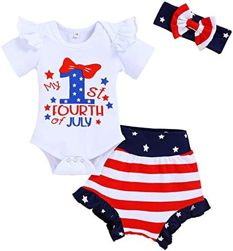 Viworld Bebek Bebek Kız Benim Ilk 4th Temmuz Kıyafet Fırfır Romper + Yıldız Çizgili Şort + Kafa Bağımsızlık Günü Giysileri