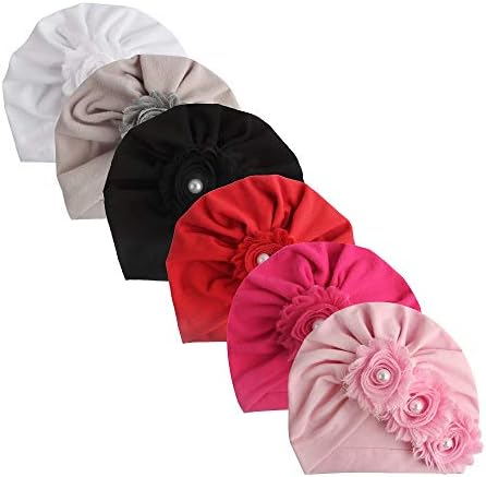 Nishine 6 paket bebek kız pamuk türban şapka Perişan çiçek düğümlü şapka Yürümeye başlayan şapka