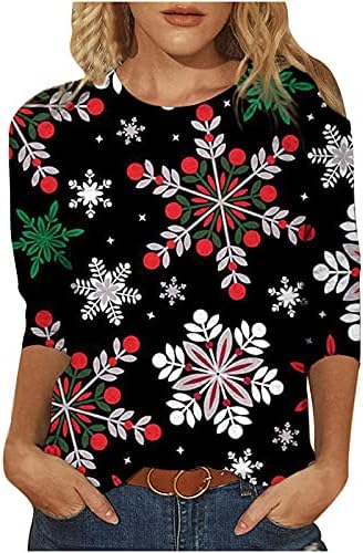 Kadın 3/4 Kollu Güz Tops Casual Noel Tatil Baskı Crewneck Gömlek Moda Gevşek Fit Hafif Bluzlar