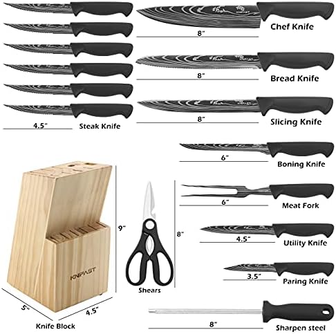KNİFAST Mutfak Blok Bıçak Seti 16 Adet kemiksi saplı bıçak ve Oyma Çatal, manuel Bileme şef bıçağı seti Ultra Keskin