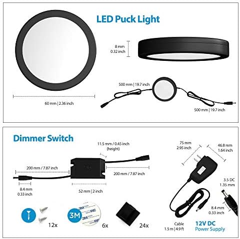 El Dalga Sensörlü EShine Siyah Mat Dolap Altı Puck Işıkları-Dairesel LED Dolap Işıkları-Kısılabilir-6'lı Paket, Sıcak Beyaz (3000K)