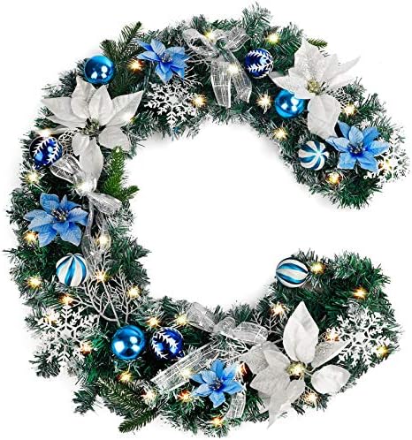 FUNARTY 6 ayaklar Noel çelenk ile 30 ışıkları, pil kumandalı ışıklı çelenk, yapay Prelit Noel çelenk ile mavi ve gümüş süsler