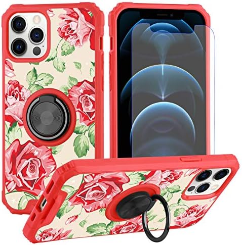 ıPhone 12 Pro Max Durumda Halka Tutucu Kickstand Ekran Koruyucu ile Gül Çiçek Tasarım (Manyetik Araç Montaj ile Çalışmak) Kadın