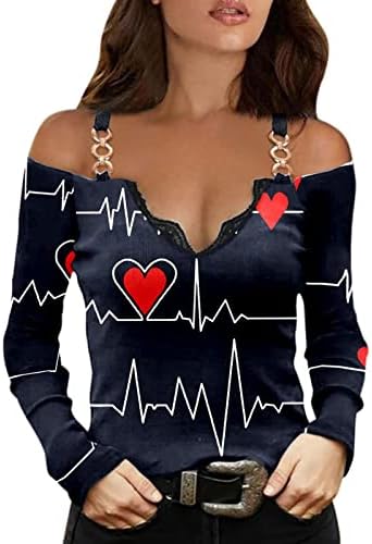 Kadın Sevgililer günü seksi bluz Tshirt aşk kalp baskı V yaka dantel Trim Trendy Casual uzun kollu Tops