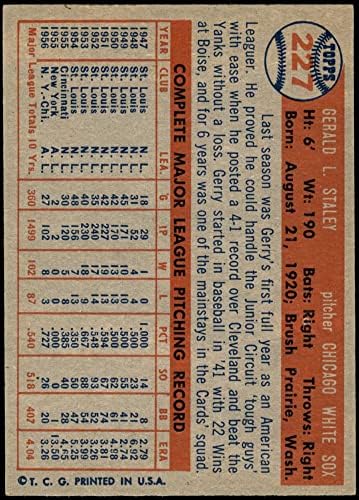 1957 Topps 227 Jerry Staley Chicago Beyaz Sox (Beyzbol Kartı) NM + Beyaz Sox