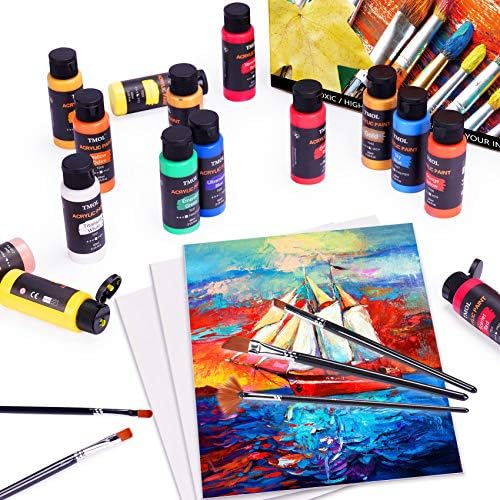Akrilik Boya Seti, 12 Sanat Fırçalı 48 Renk (2 oz/Şişe), Tuval, Ahşap, Seramik ve Kumaş Boyama için Sanat Malzemeleri, Yeni Başlayanlar,