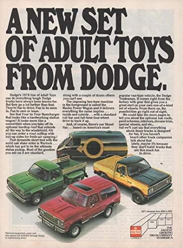 Dergi Baskı Reklamı: Dodge'dan Yeni Bir Yetişkin Oyuncak Seti, 1978 Sokak Minibüsü, Maço Güç Vagonu, Büyücü, 4X4 Ramcharger