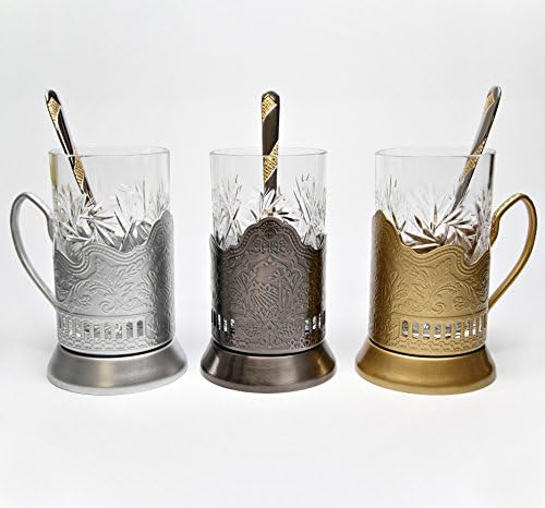 GÜMÜŞ Kombinasyonu 4 Rus Eski Moda KESİM Kristal Sıcak Çay Bardağı 8.5 Oz & El Yapımı Metal Cam Tutucu Podstakannik w / Altın