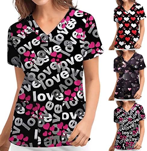 Sevgililer Günü Workwear Kadınlar için T Shirt Kalp Baskılı Grafik V Yaka Kısa Kollu Tee Scrub_Tops Hemşire Üniforma