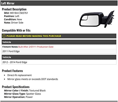 Sol Sürücü Tarafı Güç Aynası - Dokulu Siyah-Gözcü Camlı-2011-2014 Ford Edge ile uyumlu (02/07/2011 tarihinden itibaren)
