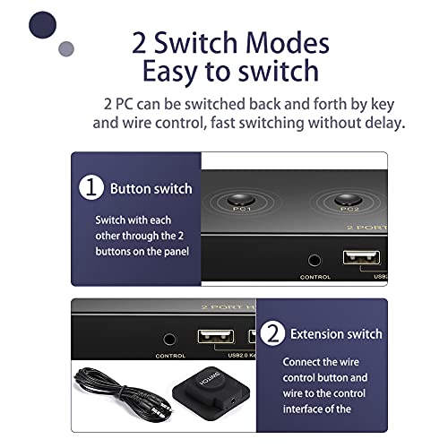 KVM Switch HDMI 2 Bağlantı Noktası 4K 60Hz, 1 Monitör ve 3 USB Aygıtı Paylaşan 2 Bilgisayar için HDMI KVM Switch, Uzatma Kontrol