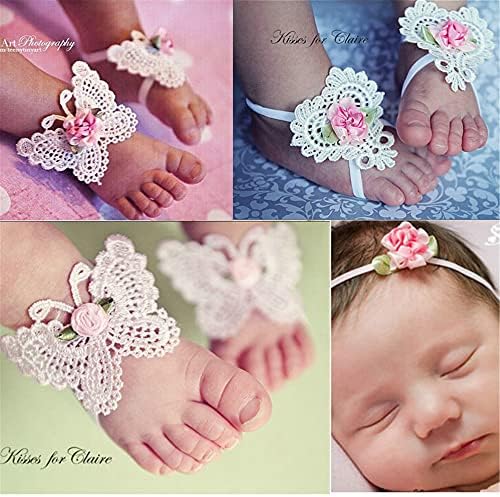 Bebek kız bebek tığ işi kelebek saç bantları ve örme çiçek yalınayak sandaletler.(BBFJ3)