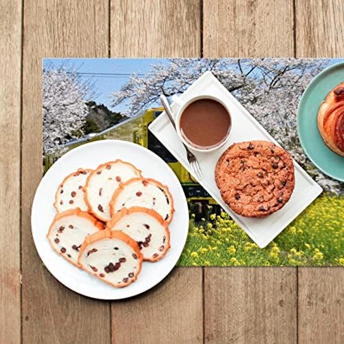 Dikdörtgen Placemats Japonya Tren Bahar Çiçekleri Mutfak Masa Placemats Leke Dayanıklı Masa Süslemeleri