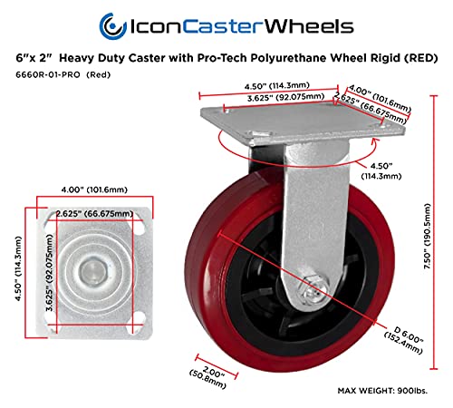 ICON CASTER TEKERLEKLER 6 x 2 PRO Ağır Hizmet Tipi Endüstriyel Tekerlekler, Üst Plaka 4x4.5, Kırmızı, 2 Sert 2 Döner Üst Kilit