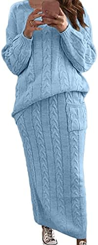 Kadın kazak takım elbise düz renk yuvarlak boyun uzun kollu kablo örme sıcak üst + Maxi etek ile cep kış Set