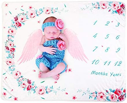 puseky Bebek Aylık Milestone Battaniye Pazen Melek Kanatları ve Çiçek Baskı Fotoğraf Backdrop Fotoğraf Prop için Erkek Kız
