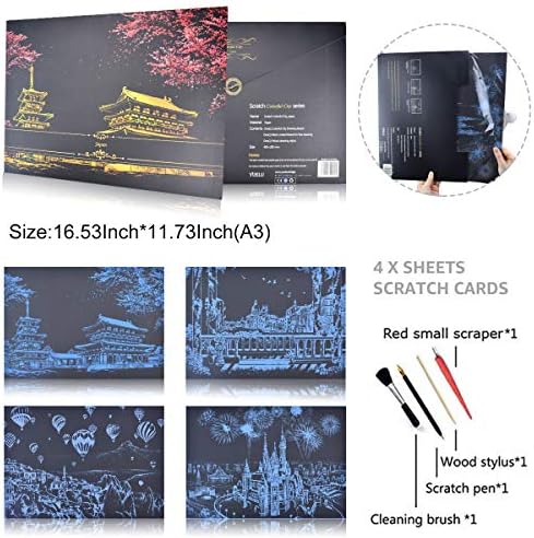 8 PCS Scratch Boyama Kiti 4 PCS Gökkuşağı Kazıma Kağıt DIY El Sanatları Kazıyıcı Gece Görünümü Scratchboard Taslak Kağıt ile
