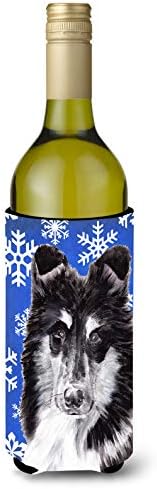 Caroline Hazineleri SC9774LİTERK Siyah ve Beyaz Collie Kış Kar Taneleri Şarap Şişesi Içecek Izolatör Hugger, Şarap Şişesi, Renkli