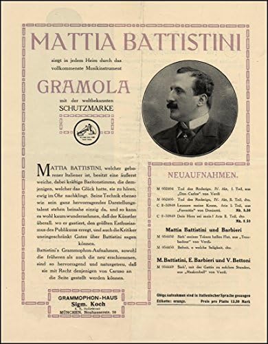 Battistini, Mattia. (1856-1928): İmzalı Fotoğraf ve Grammophon Broşürü