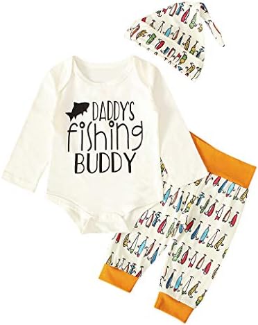 Yenidoğan Bebek Erkek Kız Balıkçı Seti 3-18 Ay Balıkçılık Avcılık Üstleri Romper Pantolon Şapka Kıyafetler Giysileri
