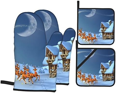 Merry Christmas Fırın Eldiveni ve Pot Sahipleri Setleri 4 Dayanıklı Sıcak Pedleri ile Polyester Kaymaz BARBEKÜ Eldiven Forkitchen