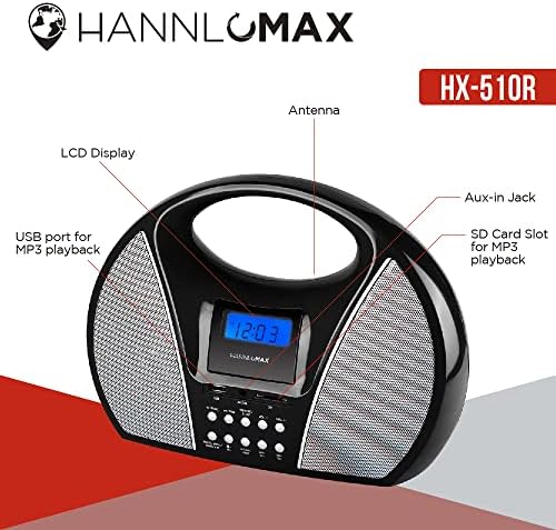 MP3 Çalma, Bluetooth ve Aux Girişi için USB/SD Bağlantı Noktasına Sahip HANNLOMAX HX-510R Taşınabilir AM/FM Radyo (Siyah)